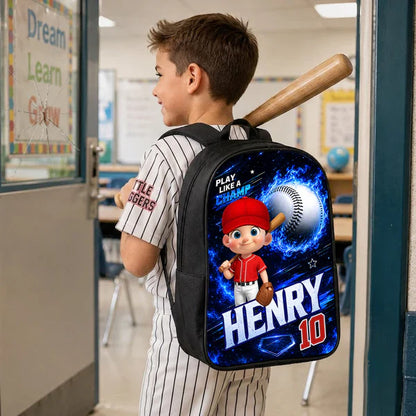 Personalized Kids School Backpack With Baseball Cartoon Player, Unique Back to School Gift for Son or Daughter