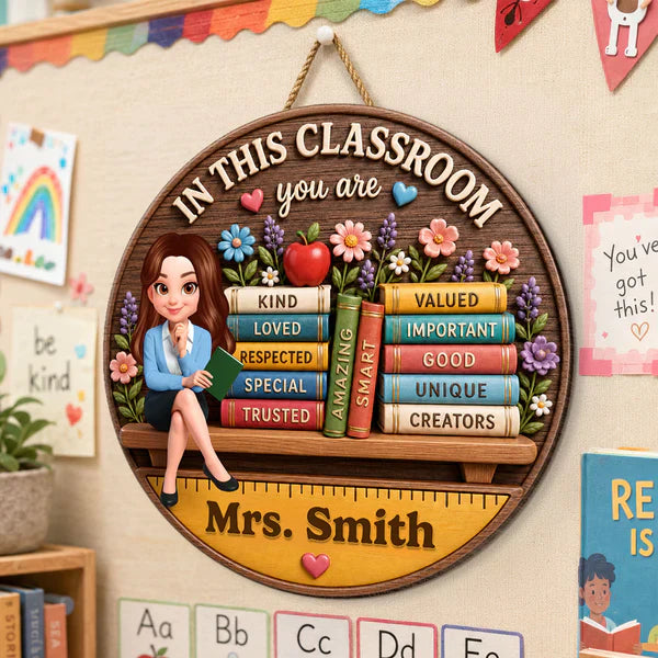 Personalized Wooden Sign for Teacher, Classroom Door Decor with Cartoon Teacher & Books, Unique Gift