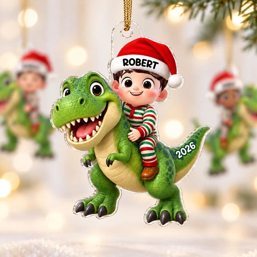 Personalized Acrylic Ornament, Festive Child Riding a Green Dinosaur, Creative Keepsake Gift for Grandkids