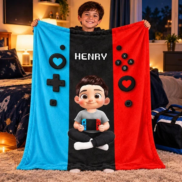 Personalized Fleece Blanket, Young Gamer Holding a Console, Heartfelt Creative Gift for Sons and Grandsons