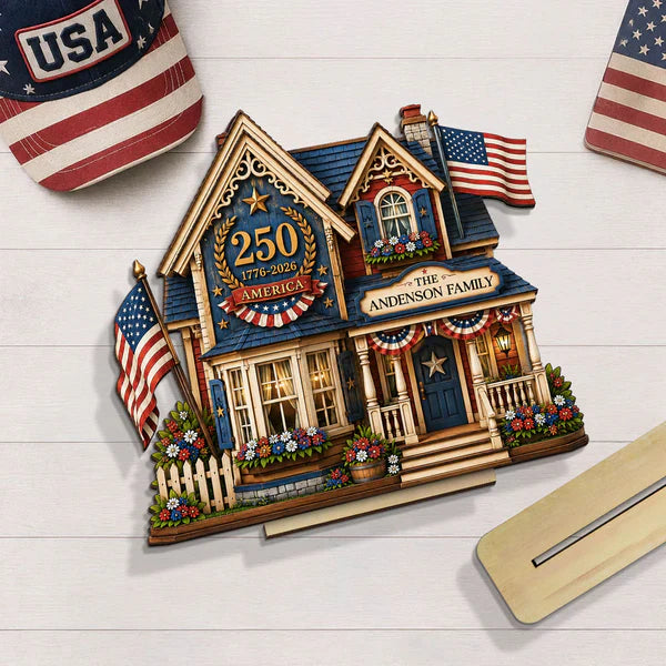 Personalized Wooden Plaque with Patriotic House Art, USA 250th Family Shelf Decor, Unique Gift for Family