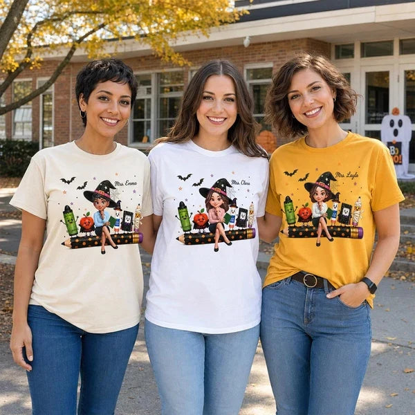 Personalized Halloween Teacher Classic Tee, Cute Classroom Characters, Creative Gift for a Teacher