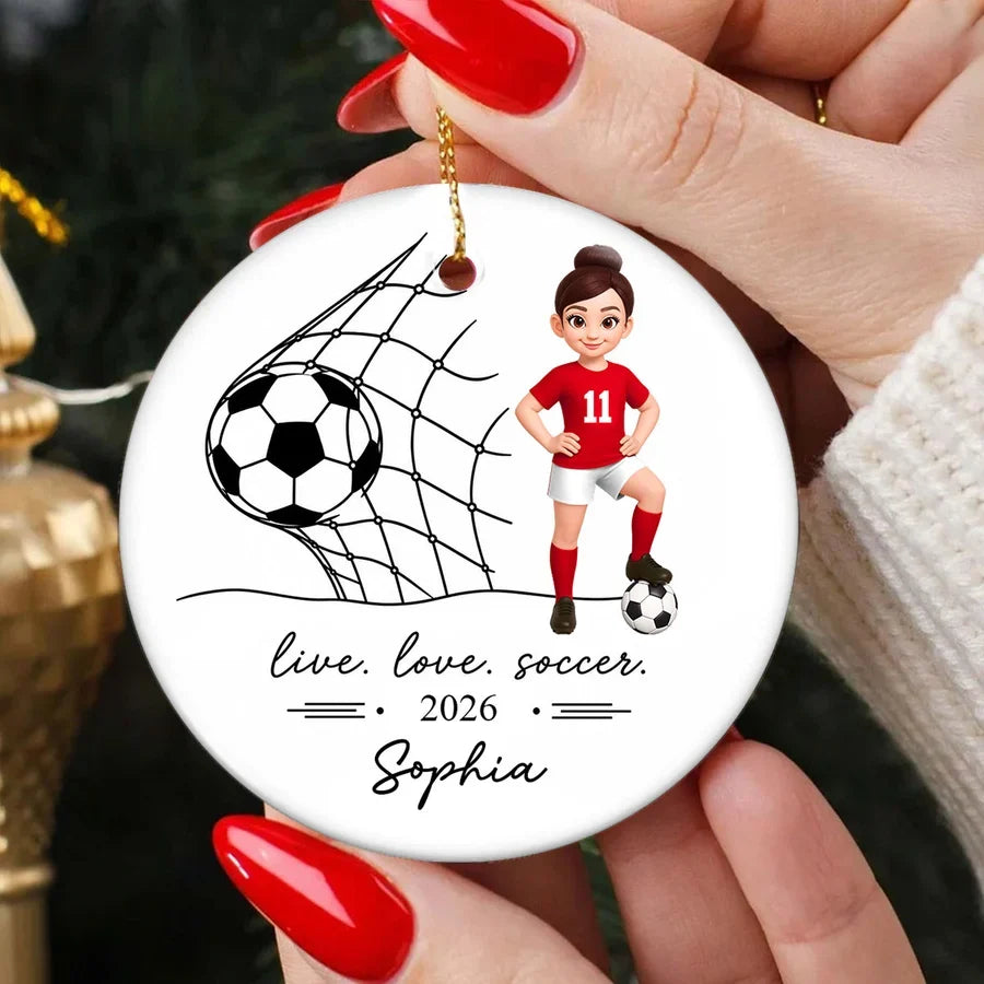 Ceramic Ornament, Cartoon Soccer Girl Posing by Goal, Personalized Keepsake, Creative Christmas Gift for Soccer Player