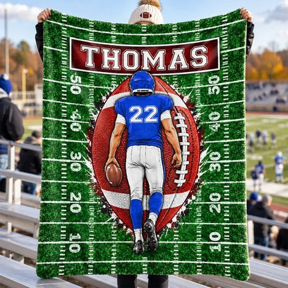 Personalized Fleece Blanket, Football Player Walking on Green Field, Unique Gift for Son or Grandson
