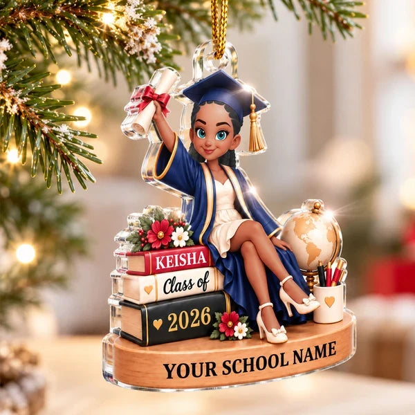 Personalized Graduation Acrylic Ornament, Diploma-Holding Graduate with Books, Creative Keepsake Gift for Her