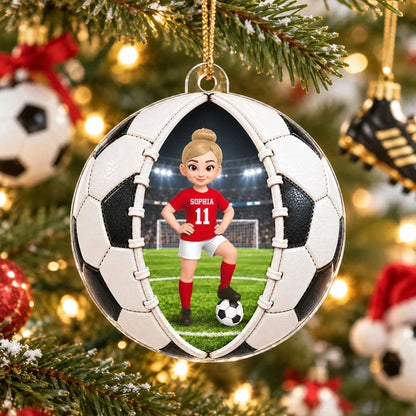 Personalized Acrylic Ornament, Girl Soccer Player Posing in Stadium, Unique Christmas Gift for Daughter