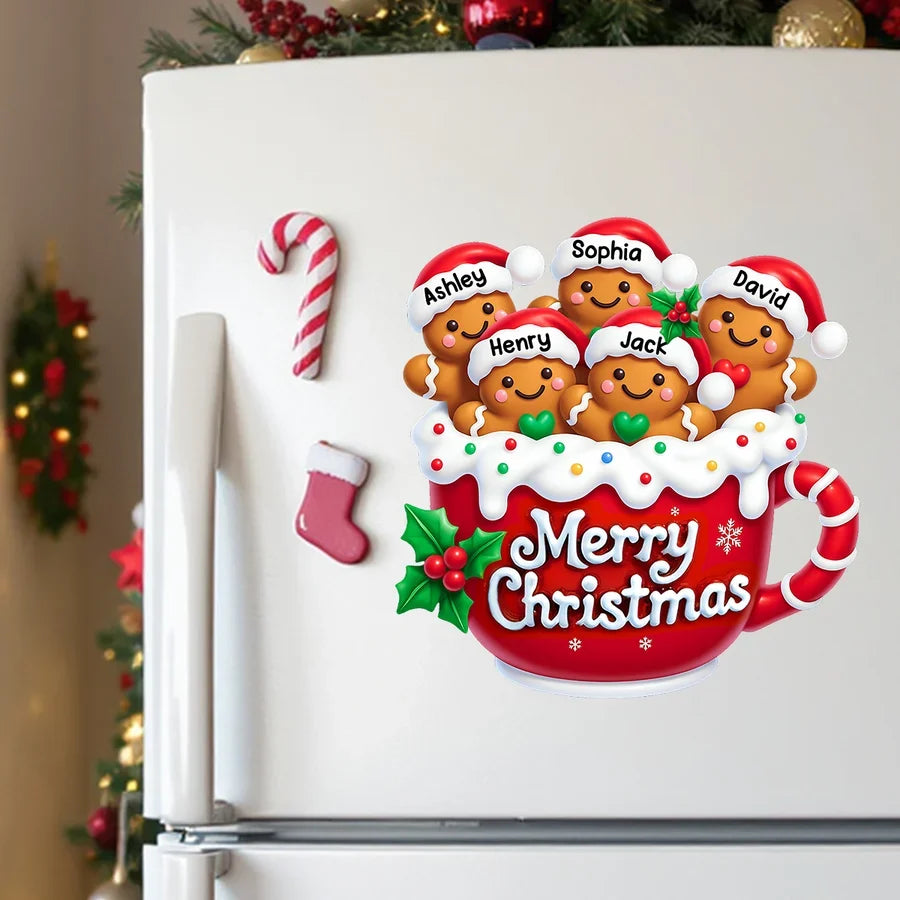 Warm Christmas Sticker Decal, Gingerbread Family Gathered in Red Mug, Personalized Creative Gift for Grandparents