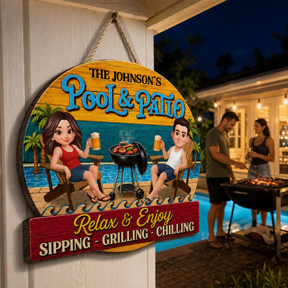 Personalized Wooden Sign with Cartoon Couple by Pool & Patio, Unique Creative Gift for Couples