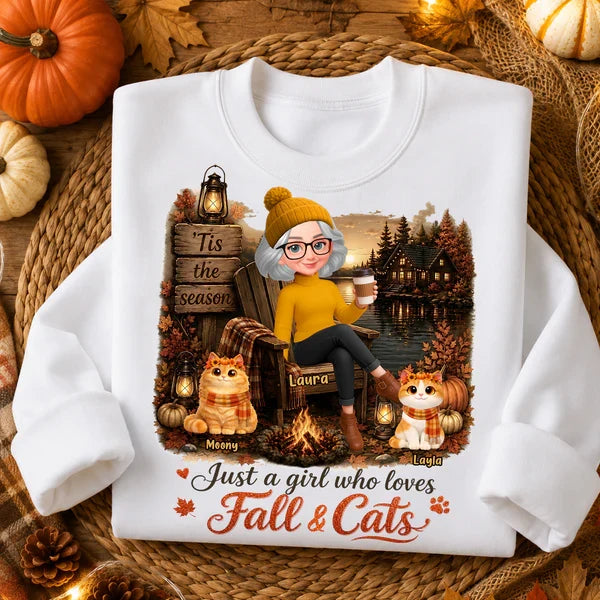 Personalized Sweatshirt, Woman with Cats by an Autumn Lakeside Campfire, Unique Gift for Cat Moms