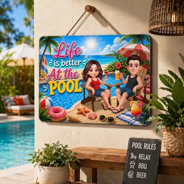 Personalized Wooden Sign, Poolside Couple Raising Drinks, Unique Summer Gift