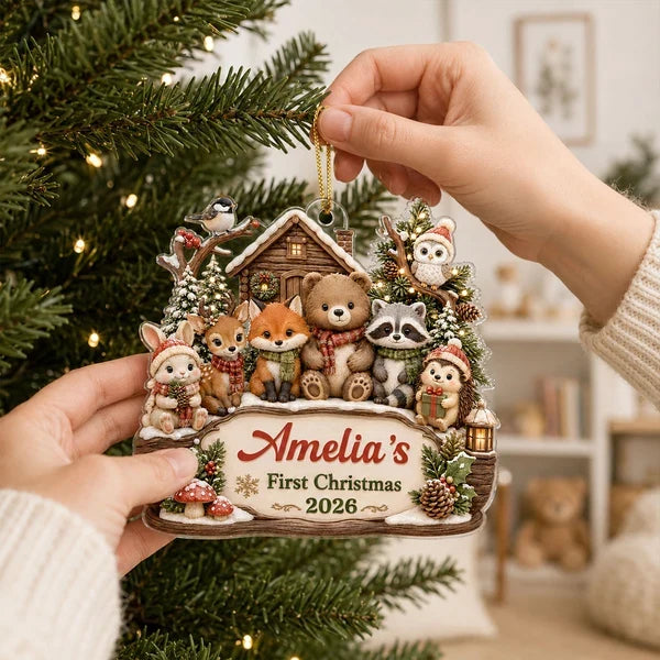 Personalized Acrylic Ornament, Woodland Animals by a Snowy Cabin, Unique Creative Gift for New Parents