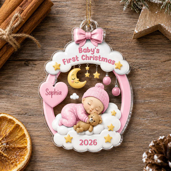 Personalized Acrylic Ornament, Sleeping Baby Moon & Stars, Unique First Christmas Gift for New Parents