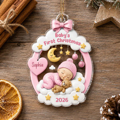 Personalized Acrylic Ornament, Sleeping Baby Moon & Stars, Unique First Christmas Gift for New Parents