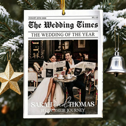 Personalized Acrylic Ornament, Newspaper-Style Newlyweds Reading at a Cafe, Unique Christmas Gift for Couples
