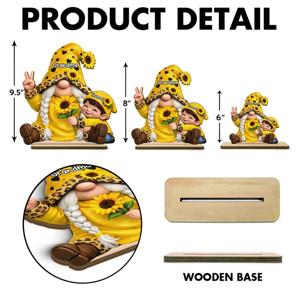 Personalized 2-Layer Wooden Plaque Grandma & Grandkids Gnome With Sunflowers for Living Room Display - Unique Gift for Grandma