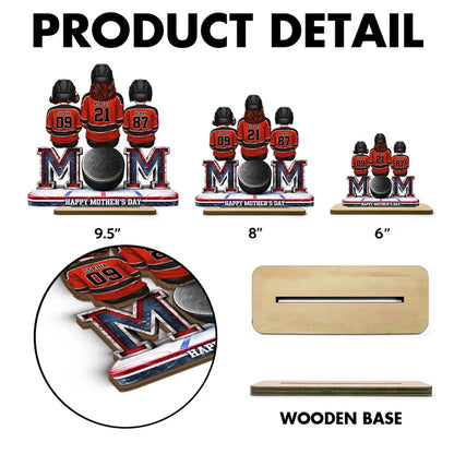 Personalized Hockey Mom 2-Layer Wooden Plaque, Back-View Mom and Kids on Rink Bench, Unique Mother's Day Gift