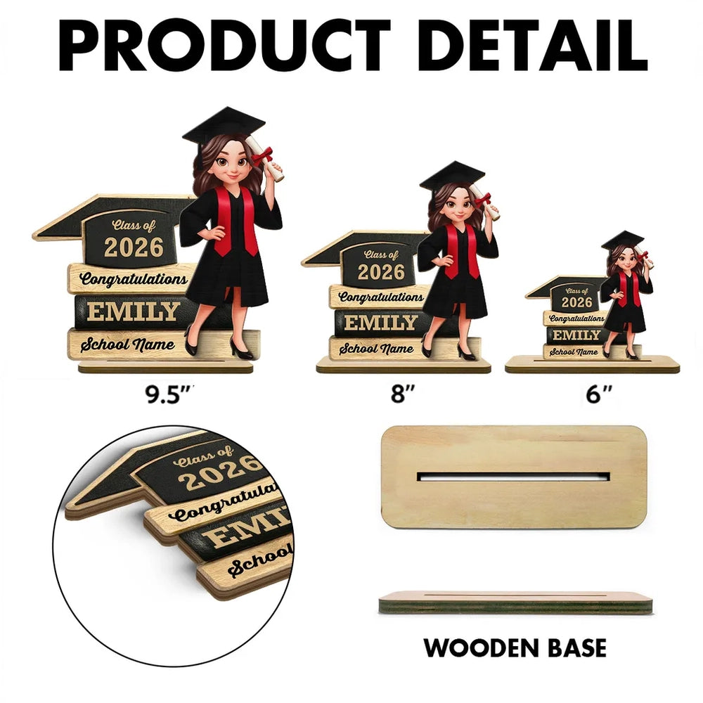 Personalized Graduation 2-Layer Wooden Plaque, Cartoon Grad Holding Diploma, Warm Wood Look, Unique Creative Gift
