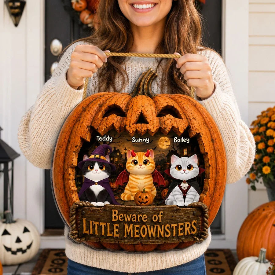 Personalized Halloween Wooden Sign with Costumed Cats, Moonlit Pumpkin Decor, Unique Gift for Cat Lovers