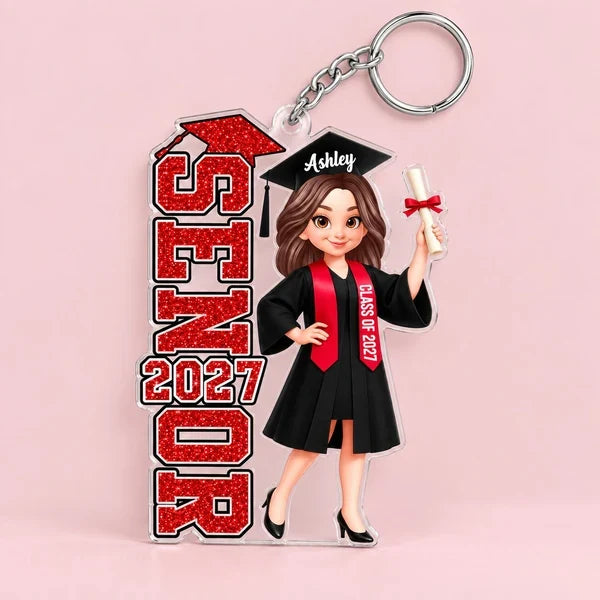 Personalized Acrylic Keychain, Red and Black Cartoon Graduate Holding Diploma, Unique Graduation Gift for Her