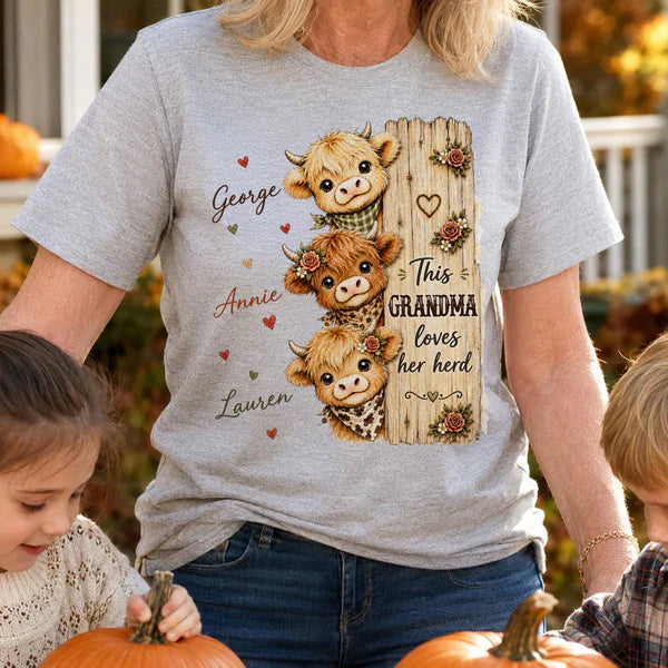 Grandma Loves Her Herd Classic Tee, Personalized Highland Cow Family Shirt, Unique Gift for Grandma