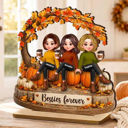 Personalized 2-Layer Wooden Plaque, Sitting Friends With Coffee, Autumn Pumpkin Scene, Unique Gift For Close Friends