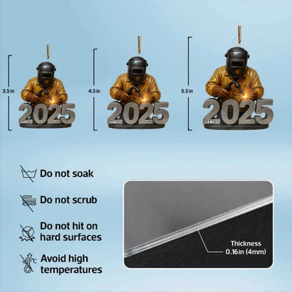 Welder Ornament with Helmet & Torch, Holiday Tree Decor with Bright Sparks, a unique gift for Metalworkers & Mechanics