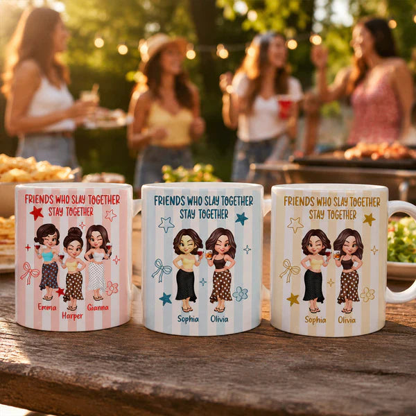Personalized White Ceramic Mug, Pastel Cartoon Best Friends Holding Drinks, Unique Creative Gift