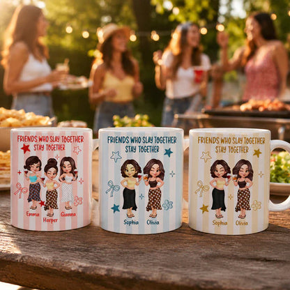 Personalized White Ceramic Mug, Pastel Cartoon Best Friends Holding Drinks, Unique Creative Gift