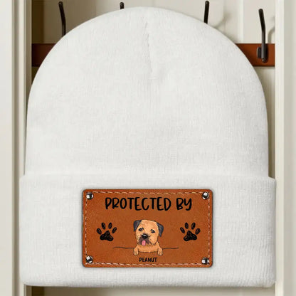 Custom Leather Patch Beanie Hat with Dog & Cat Design