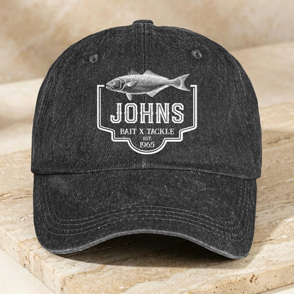 Personalized Washed Denim Baseball Cap with Vintage Fish Logo, Casual Outdoor Wear, Unique Gift for Fishing Lovers