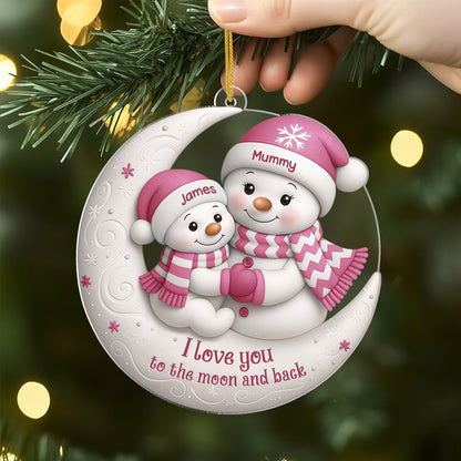 Acrylic Ornament with Snowman Moon Scene, I love you to the moon and back quote, creative Christmas gift for Mom, Grandma