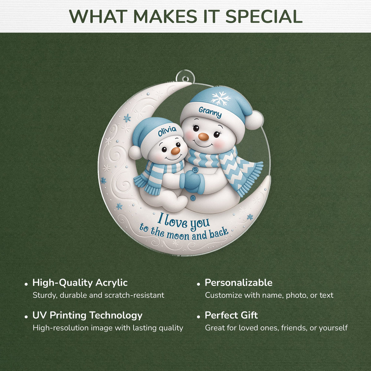 Acrylic Ornament with Snowman Moon Scene, I love you to the moon and back quote, creative Christmas gift for Mom, Grandma