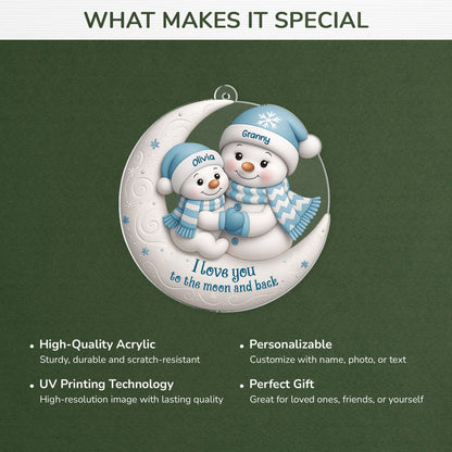 Acrylic Ornament with Snowman Moon Scene, I love you to the moon and back quote, creative Christmas gift for Mom, Grandma