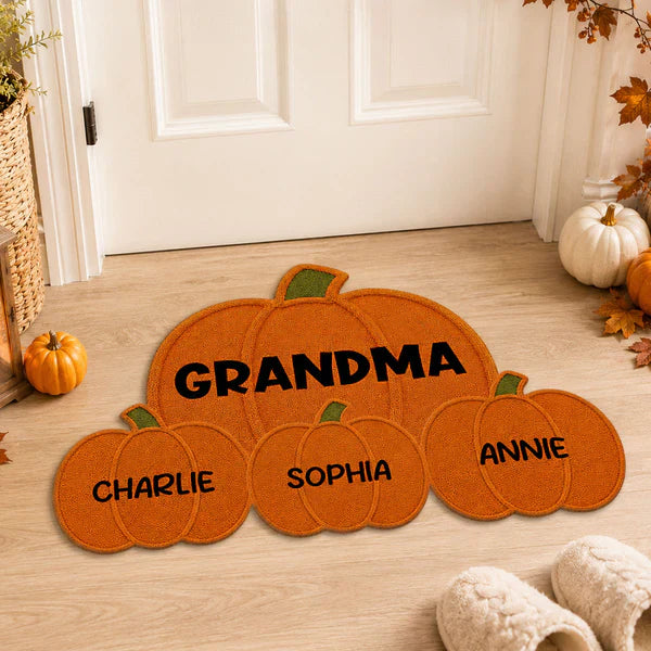 Personalized Pumpkin Shaped Doormat for Grandma, Unique Fall Entryway Gift with Little Pumpkins