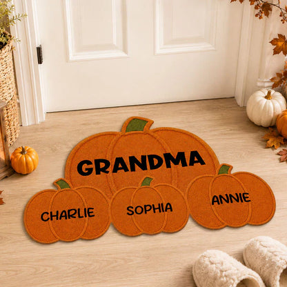 Personalized Pumpkin Shaped Doormat for Grandma, Unique Fall Entryway Gift with Little Pumpkins