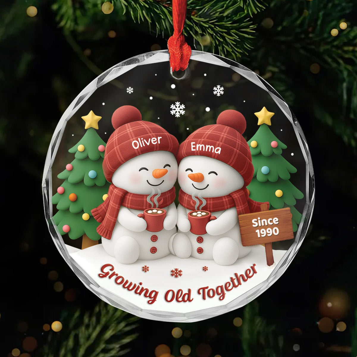 Personalized Growing Old Together Crystal Ornament, Cozy Snowman Couple, Creative Gift for Husband or Wife