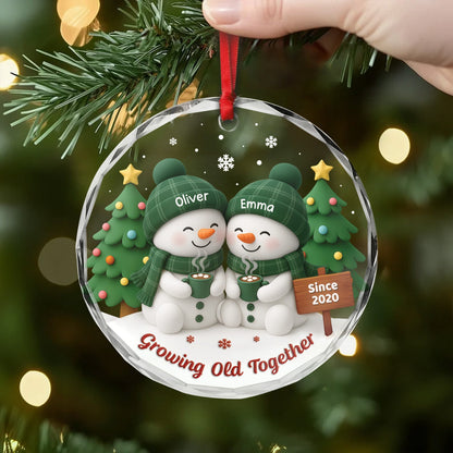 Personalized Growing Old Together Crystal Ornament, Cozy Snowman Couple, Creative Gift for Husband or Wife