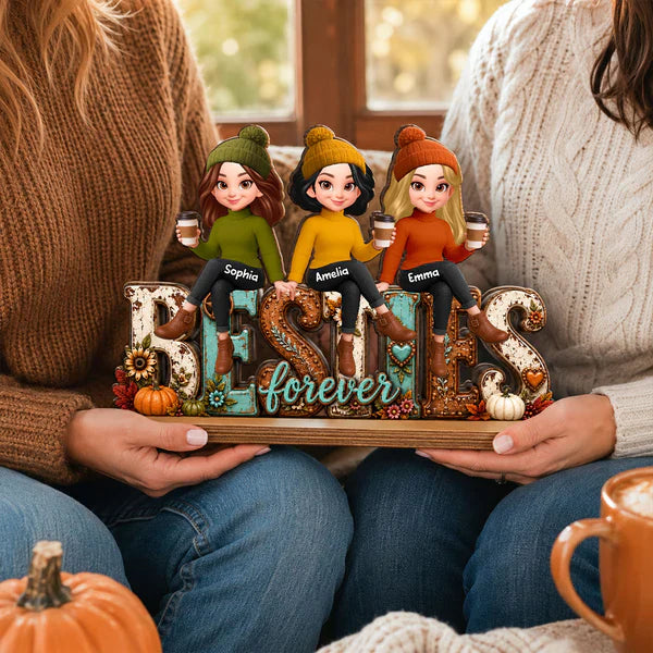 Unique Personalized 2-Layer Wooden Plaque, Cozy Fall Besties Forever Gift for Friends Holding Coffee