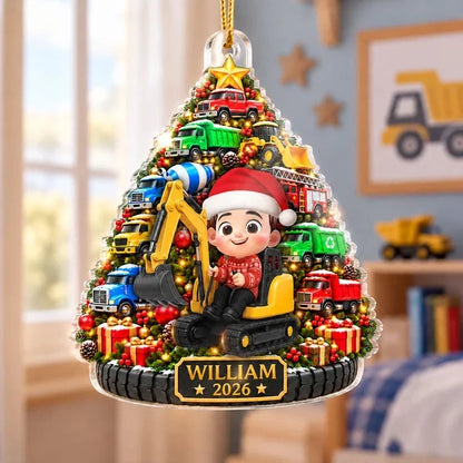 Personalized Acrylic Ornament, Construction Truck Christmas Tree with Boy Driver, Unique Holiday Gift for Son