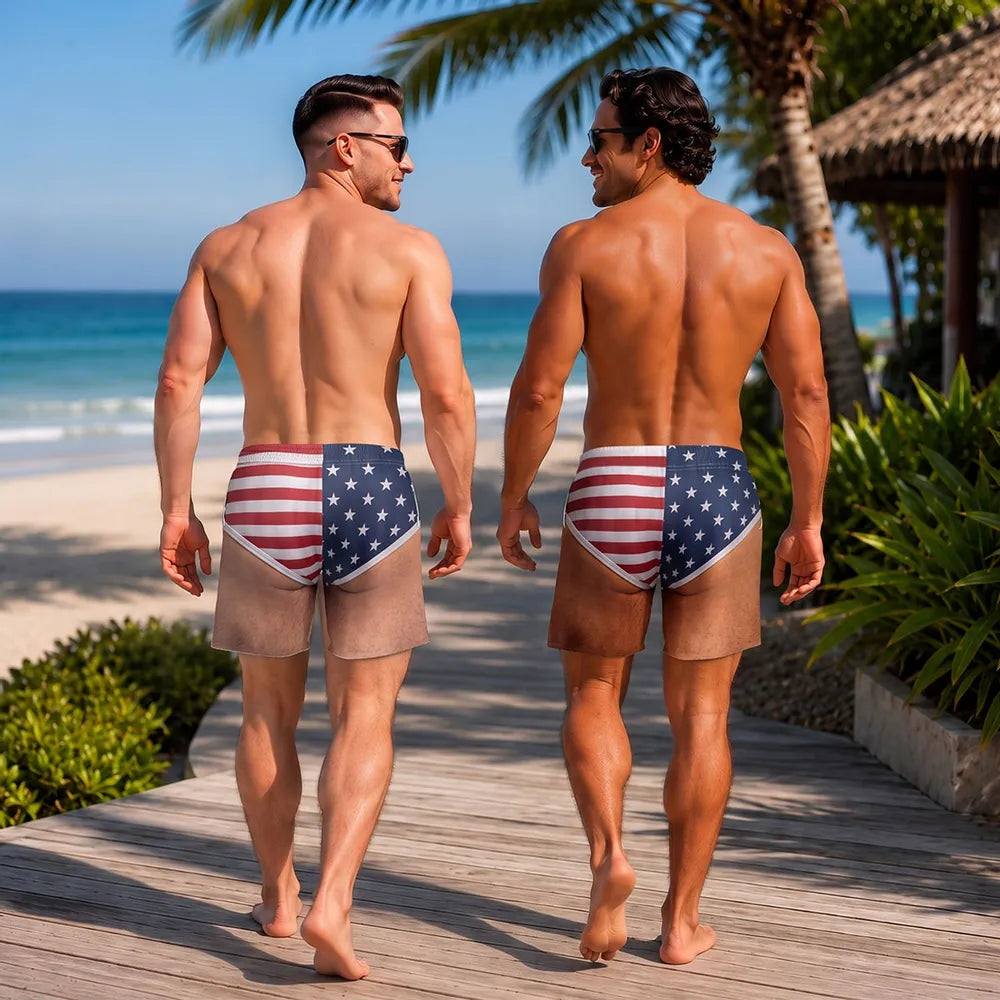 Men's Beach Shorts With Custom USA Flag Style, Creative Gift For Beach Trips & Pool Party Fun