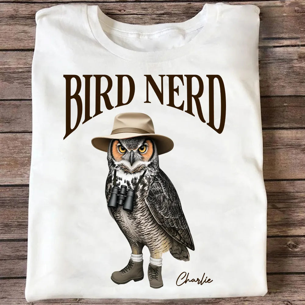 Personalized Bird Nerd Classic Tee with Owl in Hat and Binoculars, Funny Birdwatching Look, Unique Gift for Bird Lover