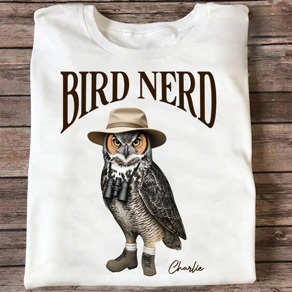 Personalized Bird Nerd Classic Tee with Owl in Hat and Binoculars, Funny Birdwatching Look, Unique Gift for Bird Lover