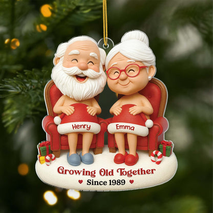 Personalized Acrylic Ornament Cute Cartoon Elder Couple Sitting Together Christmas Tree Decor, Unique Gift for Couples