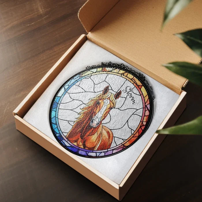 Personalized Glass Suncatcher Ornament, Colorful Horse Memorial Window Decor, Creative Gift for Pet Owners