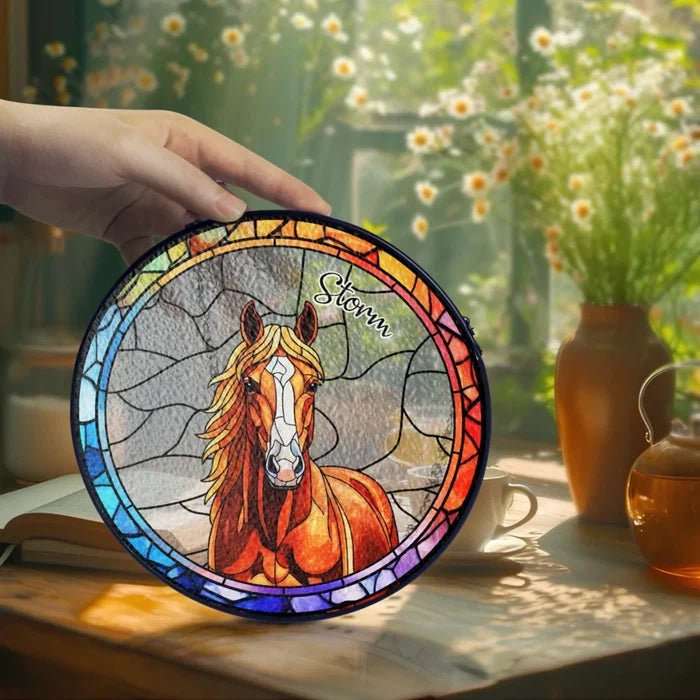 Personalized Glass Suncatcher Ornament, Colorful Horse Memorial Window Decor, Creative Gift for Pet Owners