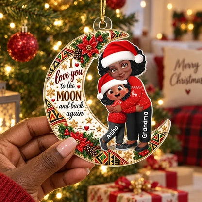 Personalized Acrylic Ornament, Red and Gold Christmas Moon with Hugging Grandma and Grandchild, Unique Gift for Grandma, Grandkids