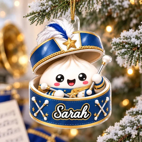 Personalized Acrylic Ornament, Blue and Gold Marching Band Dumpling Holding a Baton, Unique Gift for Band Kids