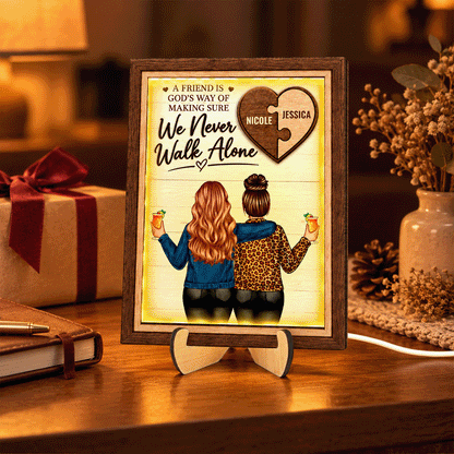 Personalized Wooden LED Plaque, Best Friends Embracing in Warm Light, Unique Friendship Gift