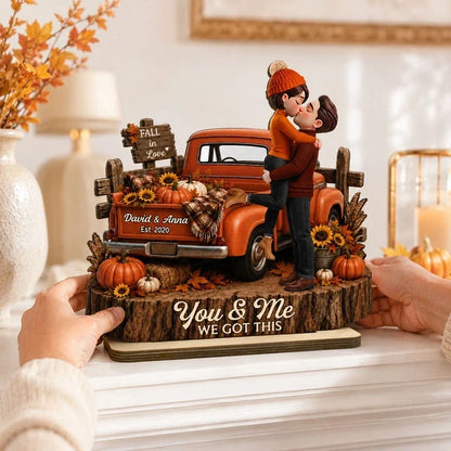 Personalized 2-Layer Wooden Plaque, Kissing Couple by a Warm Orange Fall Pickup, Unique Gift for Couples