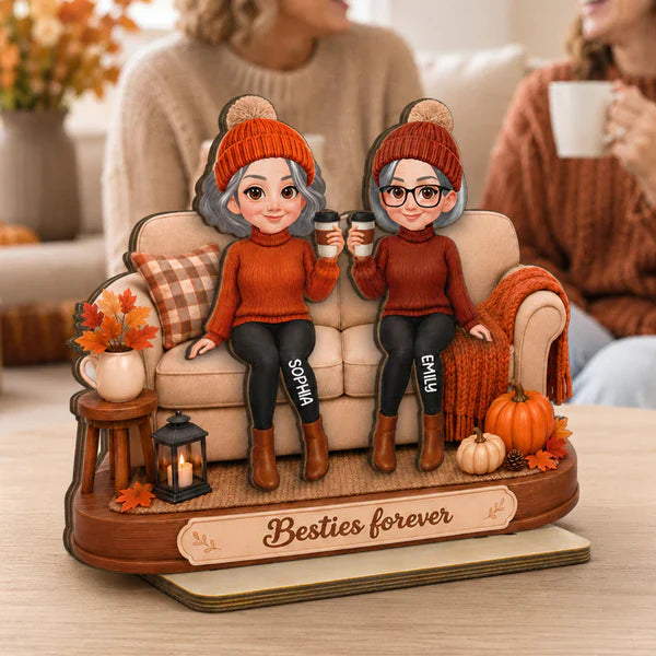 Personalized 2-Layer Wooden Plaque, Coffee Friends on Sofa, Unique Creative Gift for Close Friend